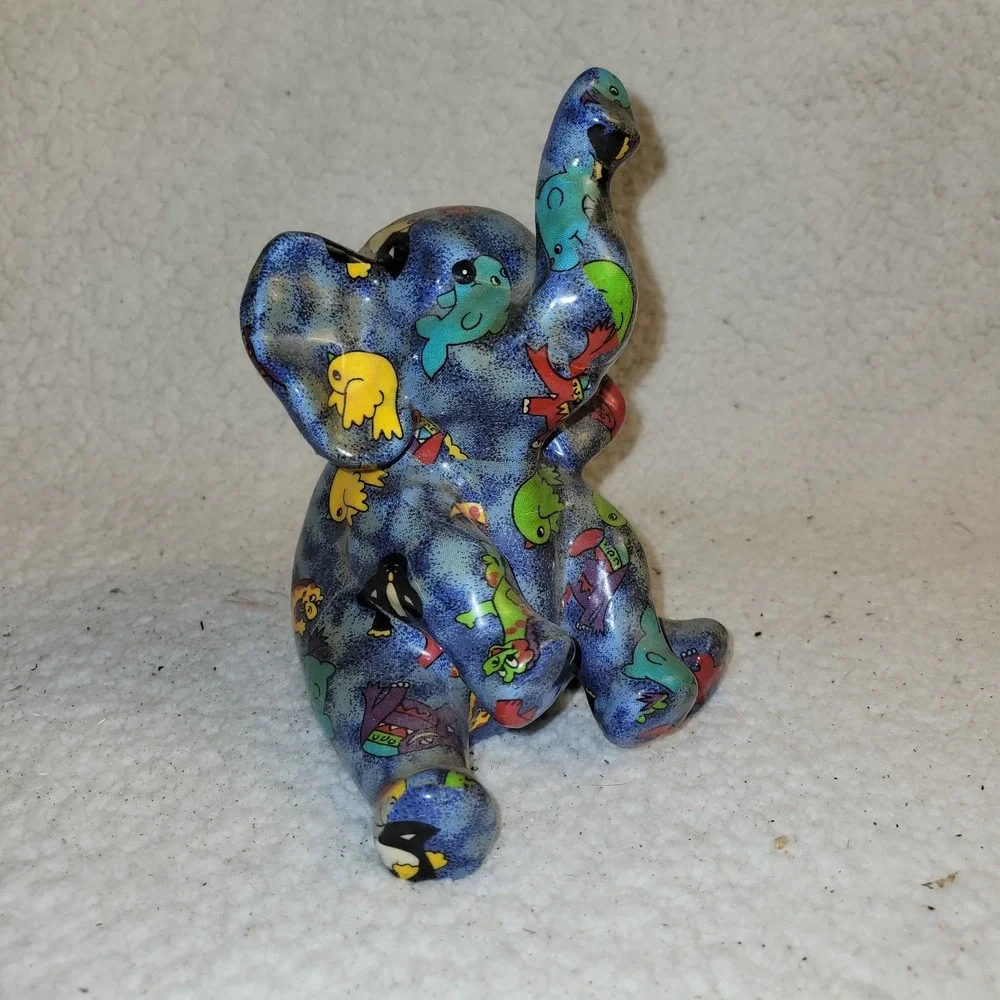 Vintage Ceramic Elephant Coin Bank Blue Zoo Animal Print Whimsical 1990s Decor